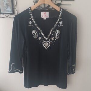 Quacker Factory 3/4 sleeve Black Blingy Hearts/Paisley V-Neck Stretch Top XL